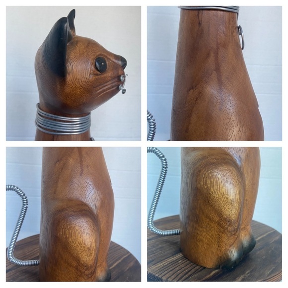 Siamese Cat Wood Statue Hand Carved Mixed    Media Wire Wrapped Art Figurine - Picture 13 of 15